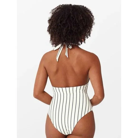NWT Cupshe Swimsuit XXL / 2XL One Piece Alice Stripe Halter Cream Gray Padded - Picture 2 of 10